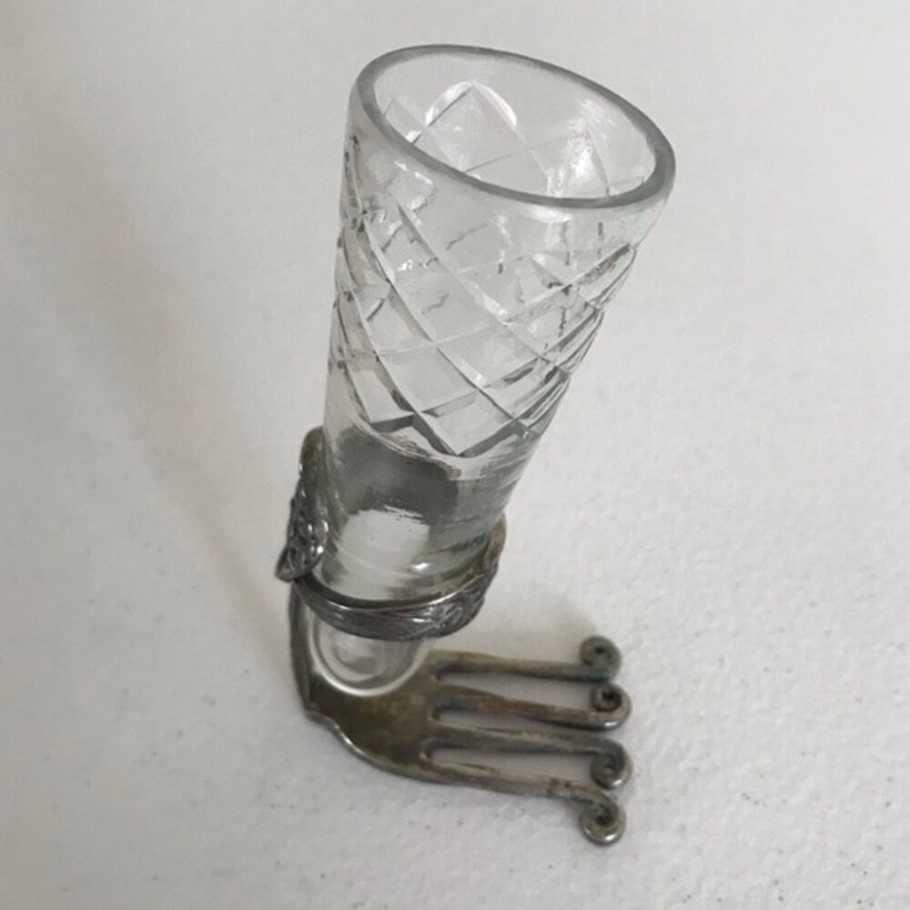 Vintage MCM silver metal stand with tapered glass bud vase approx 4 inches tall